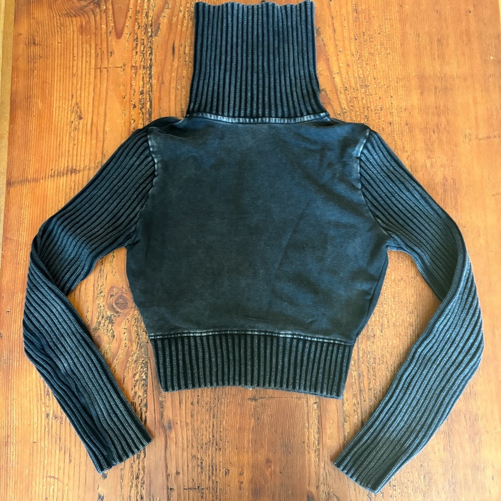 BDG Thea Ribbed Track Sweater in Size Large, Black Wash, Cropped Turtleneck - Picture 4 of 11